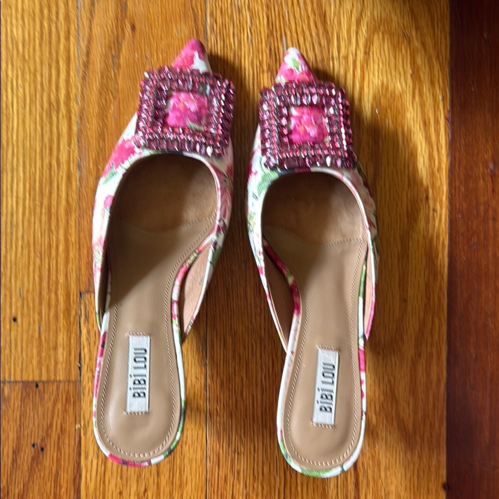 Pink Floral Embellished Mules